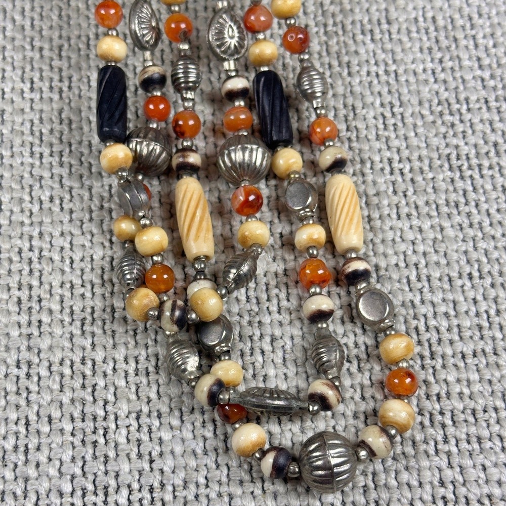 Vintage 70s Earthy Multi Strand Necklace Carnelian Agate Bone Silver Metal Beads - Picture 7 of 12
